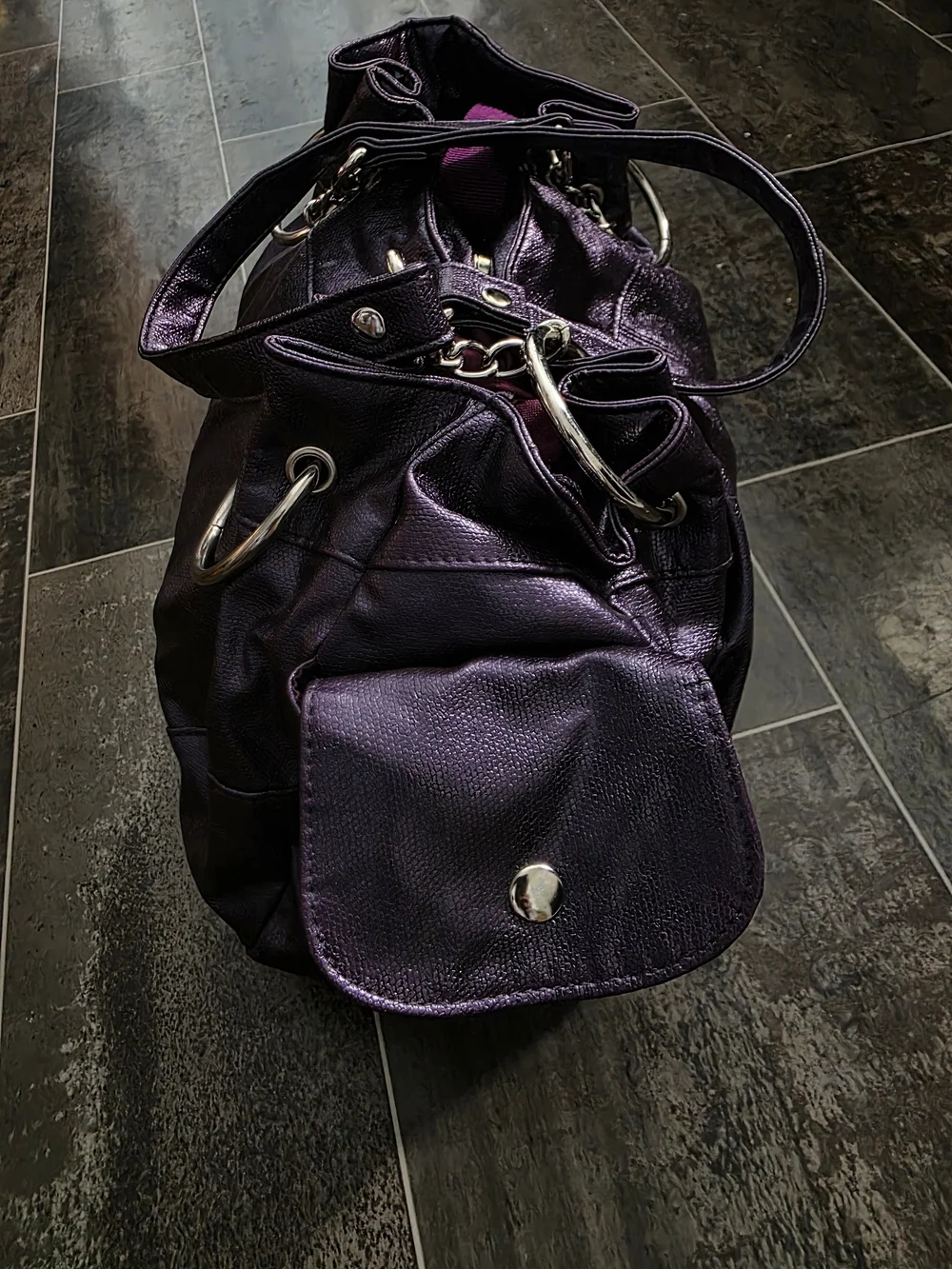 Metallic Purple Shoulder Bag with Chain Accent
